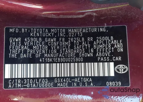 2013 Toyota Avalon Xle Premium z USA, uszkodzony, nr VIN 4T1BK1EB9DU025900